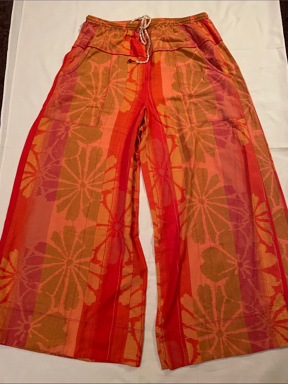 Free People Wide-Leg Floral Pants in Red-Orange Devella Elastic Drawstring Waist